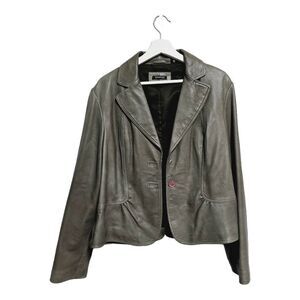 Tahari soft grey leather blazer jacket